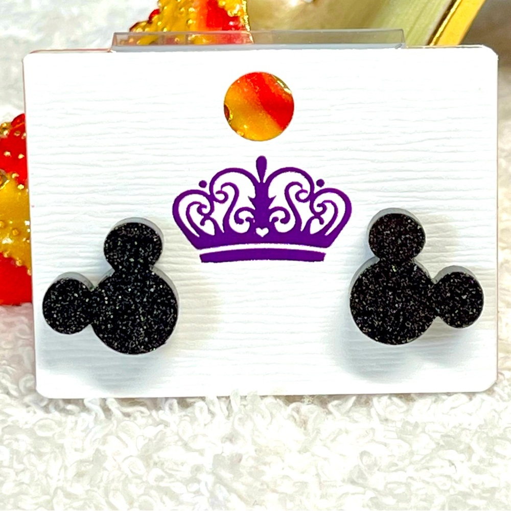 Black Glitter Mouse Ears Kids Earrings